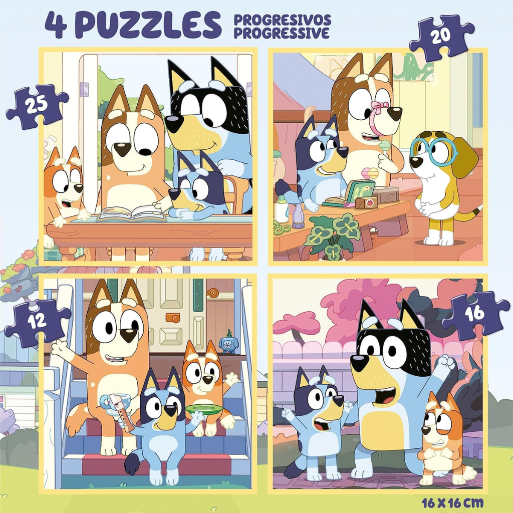 Puzzle Maleta Bluey: ¡4 Puzzles Progresivos para Diversión en Familia! (12-16-20-25 piezas)