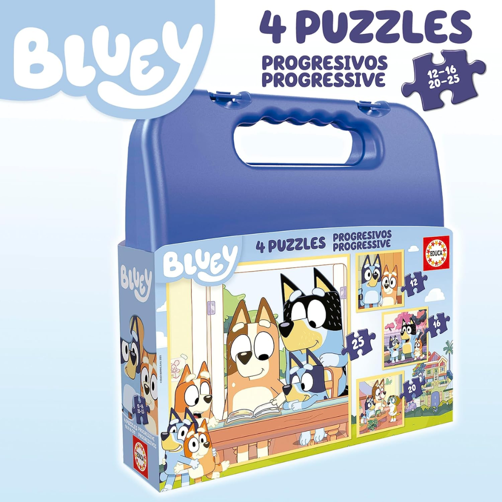 Puzzle Maleta Bluey: ¡4 Puzzles Progresivos para Diversión en Familia! (12-16-20-25 piezas)