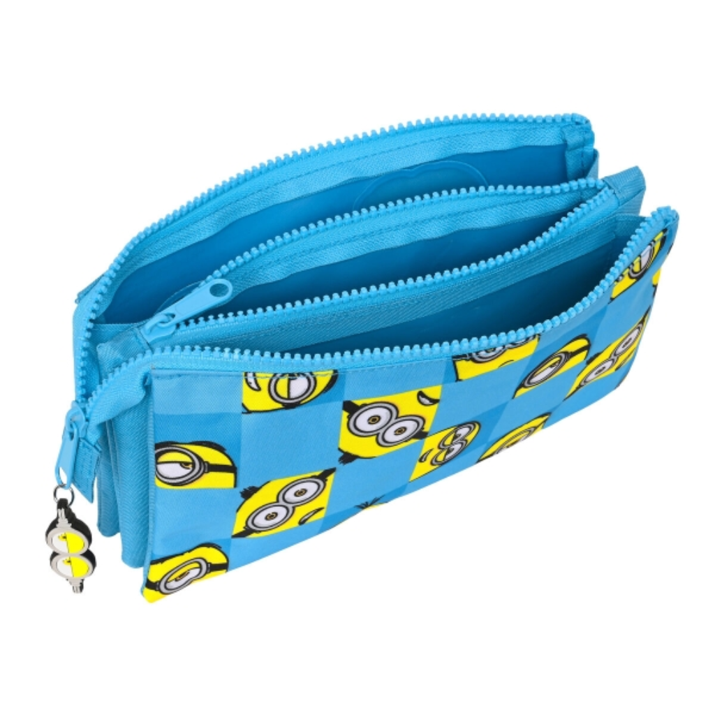 Estuche Portatodo Triple Minions Azul: 3 Compartimentos, Cremallera, 22x12x3cm – Material escolar y Oficina