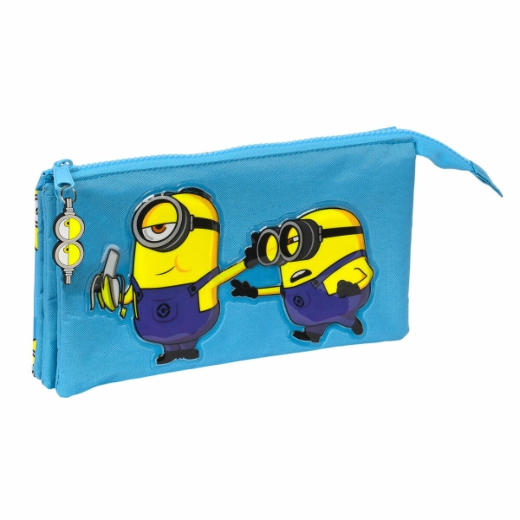 Estuche Portatodo Triple Minions Azul: 3 Compartimentos, Cremallera, 22x12x3cm – Material escolar y Oficina